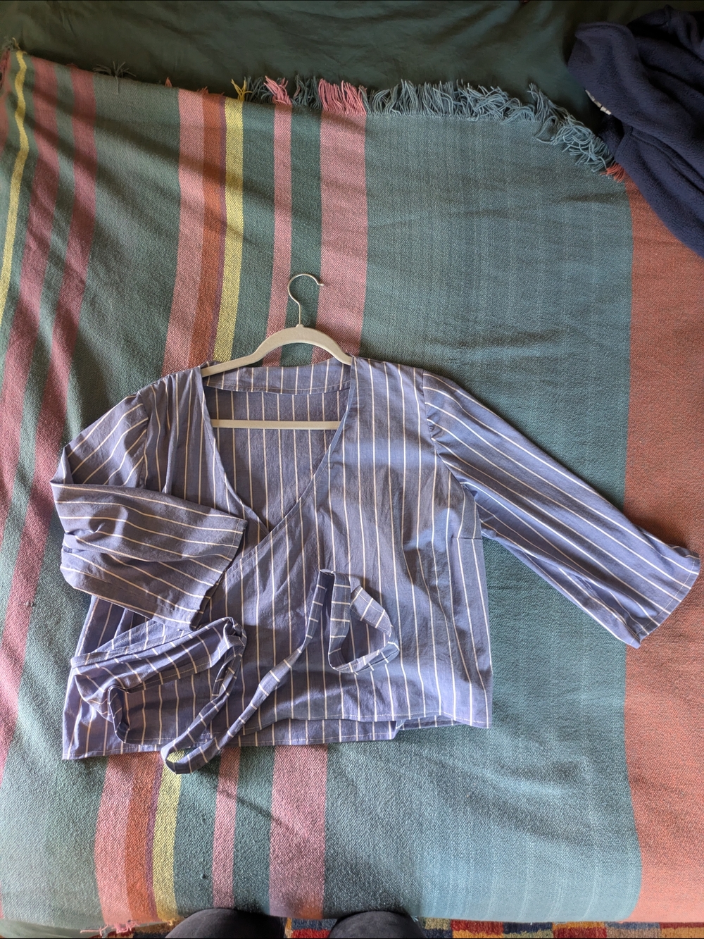 Striped Wrap Blouse in Light Blue and White